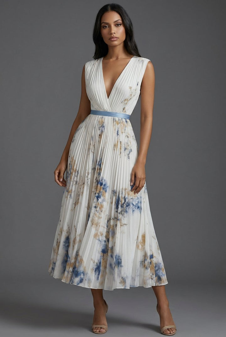 Brautmutter Kleid Plissiertes Blumen Midi V-Ausschnitt Hochzeitskleid