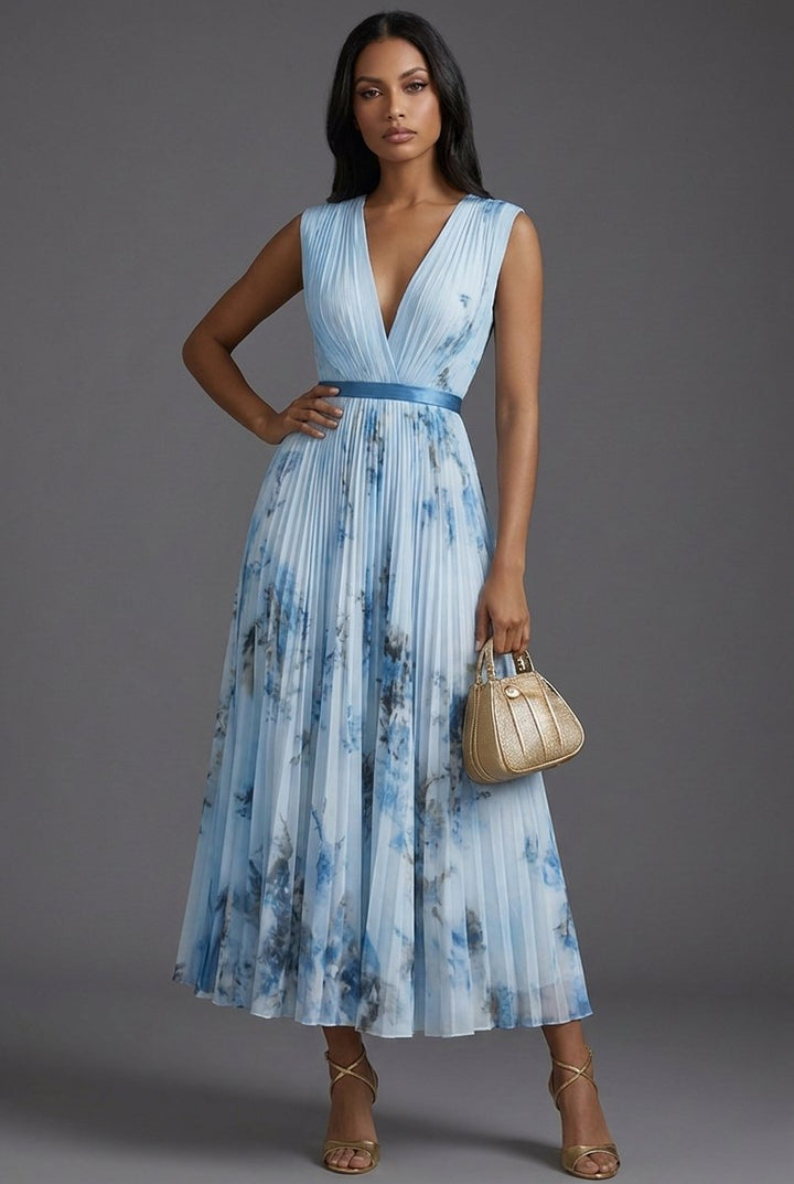 Brautmutter Kleid Plissiertes Blumen Midi V-Ausschnitt Hochzeitskleid - Blau