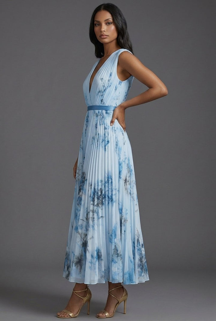 Brautmutter Kleid Plissiertes Blumen Midi V-Ausschnitt Hochzeitskleid