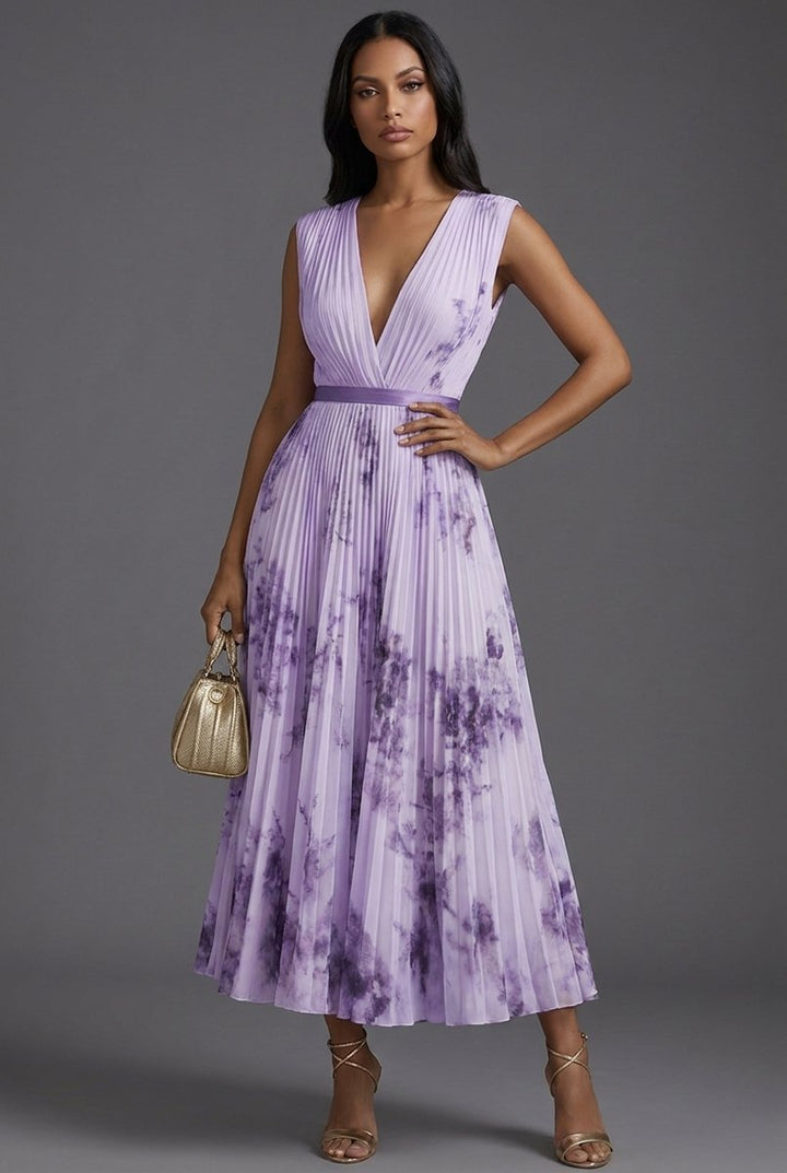 Brautmutter Kleid Plissiertes Blumen Midi V-Ausschnitt Hochzeitskleid - Lila
