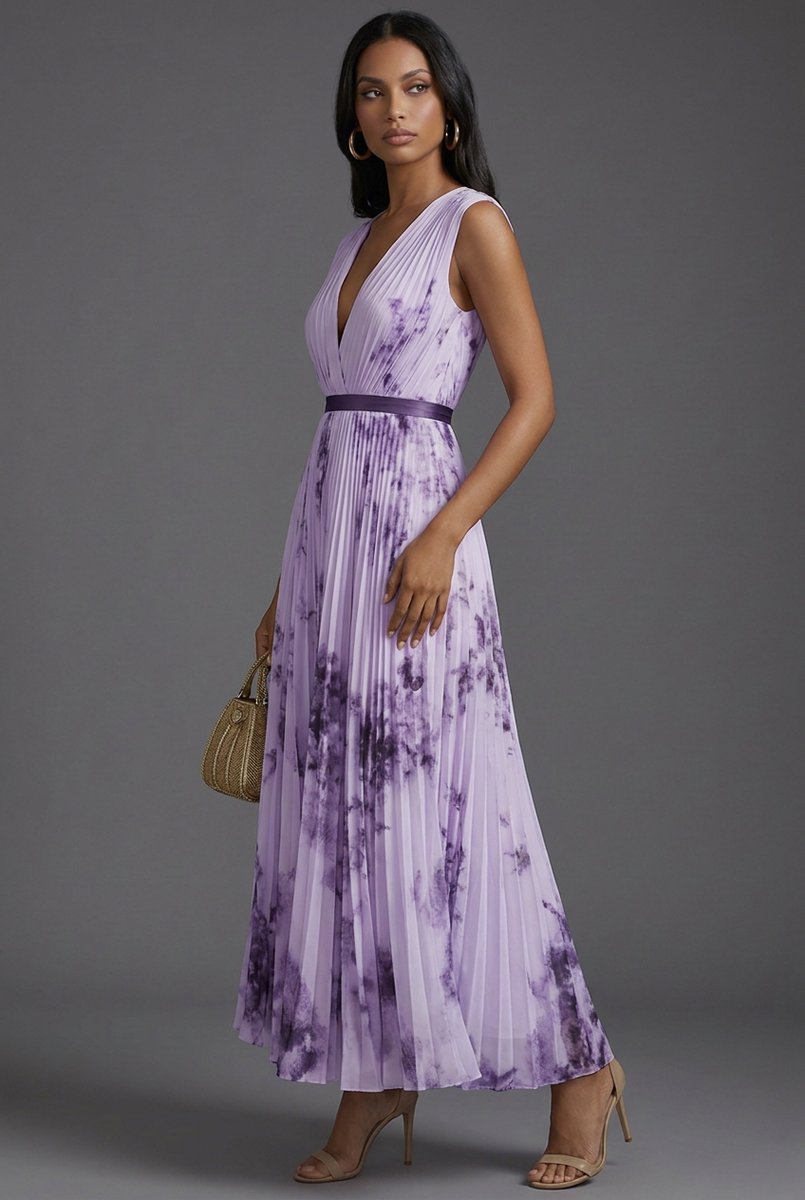 Brautmutter Kleid Plissiertes Blumen Midi V-Ausschnitt Hochzeitskleid