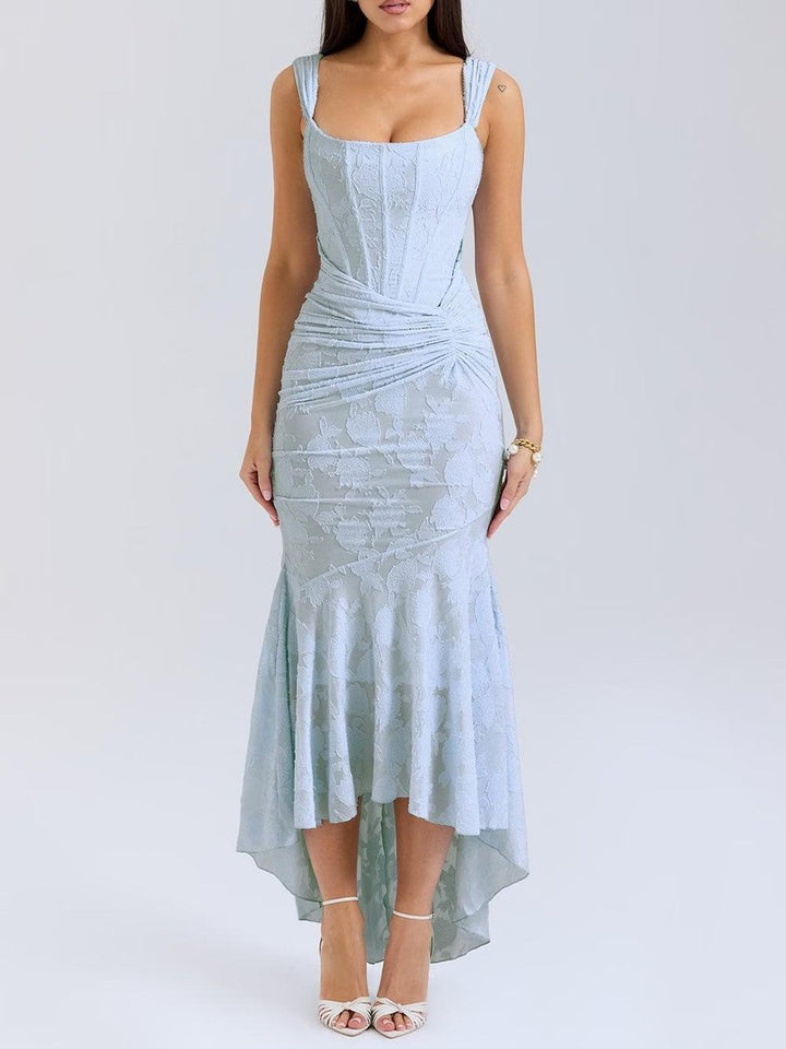 Brautmutterkleid Strukturiertes Korsett Meerjungfrau Jacquard Midikleid - Blau