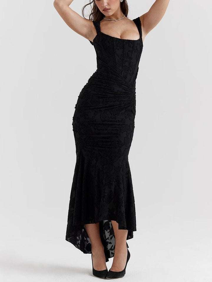Brautmutterkleid Strukturiertes Korsett Meerjungfrau Jacquard Midikleid - Schwarz