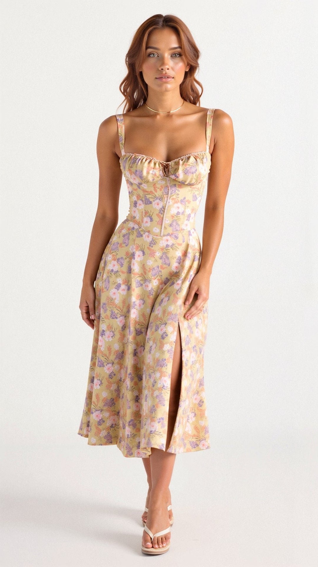 Bustier Midi Kleid Blumenmuster Korsett - Yellow