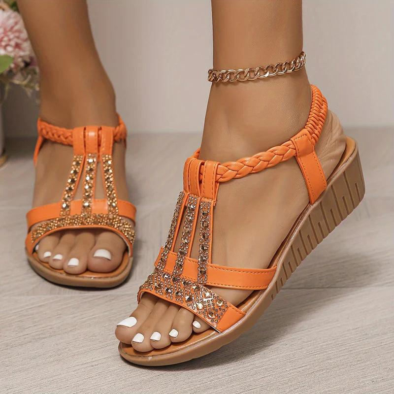 Marlene | Damen Orthopädische T-Steg Keilabsatz Sandalen Strass-Details