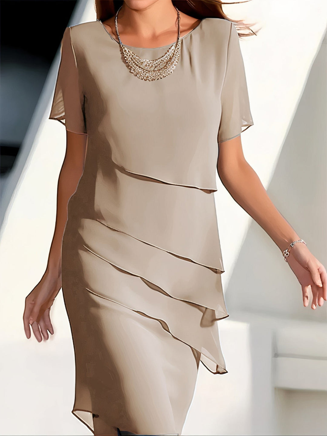 Chiffon Kleid Gestuft Elegant Kurzarm Polyester - Khaki