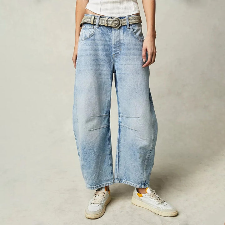 Damen Barrel-Leg Jeans Cropped Mid-Rise Denim - Light Blue