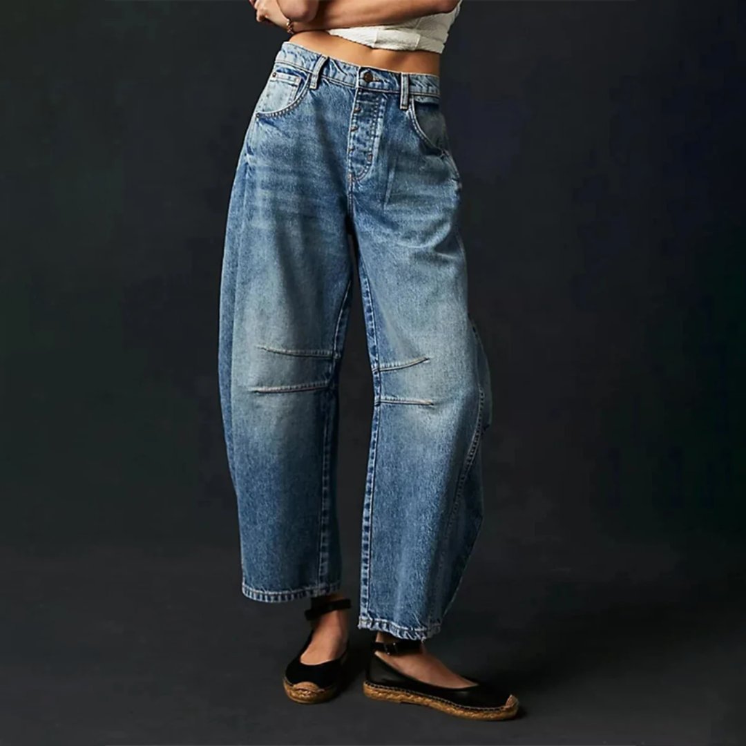 Damen Barrel-Leg Jeans Cropped Mid-Rise Denim - Dark Blue