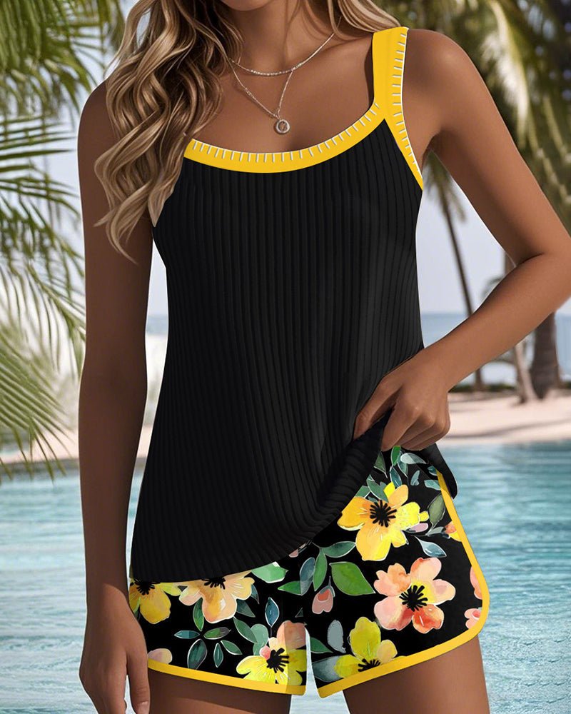 Damen Bauchkontrolle Gerippt Tankini-Set - Yellow