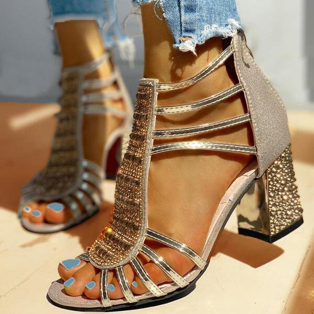 Damen Bequeme Sandalen Blockabsatz Riemchen Strass Offen - Gold