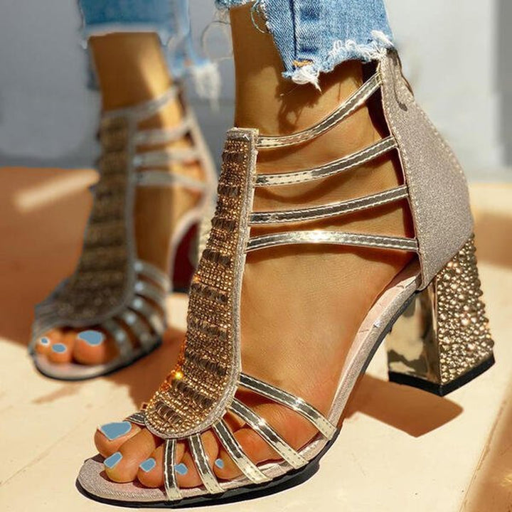 Damen Bequeme Sandalen Blockabsatz Riemchen Strass Offen - Gold