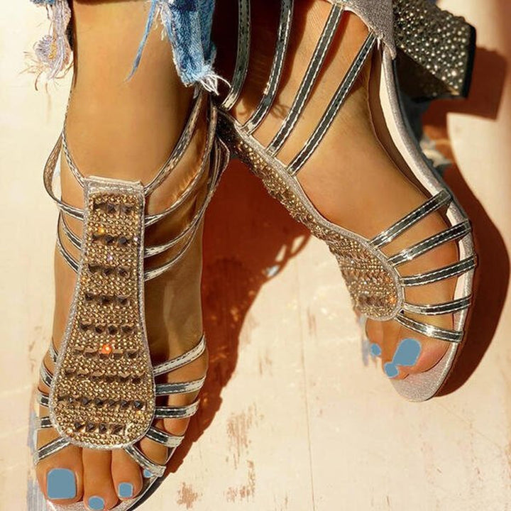 Damen Bequeme Sandalen Blockabsatz Riemchen Strass Offen