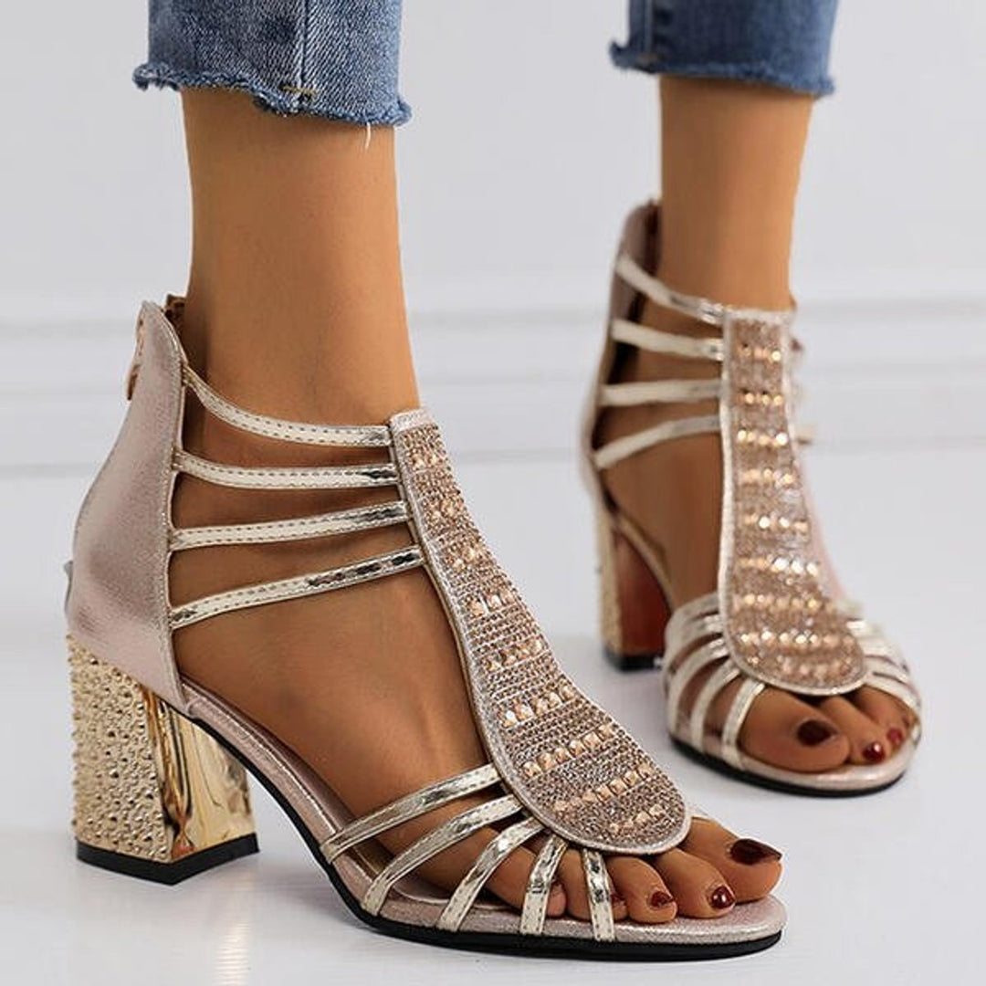 Damen Bequeme Sandalen Blockabsatz Riemchen Strass Offen