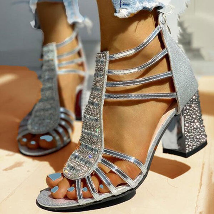 Damen Bequeme Sandalen Blockabsatz Riemchen Strass Offen