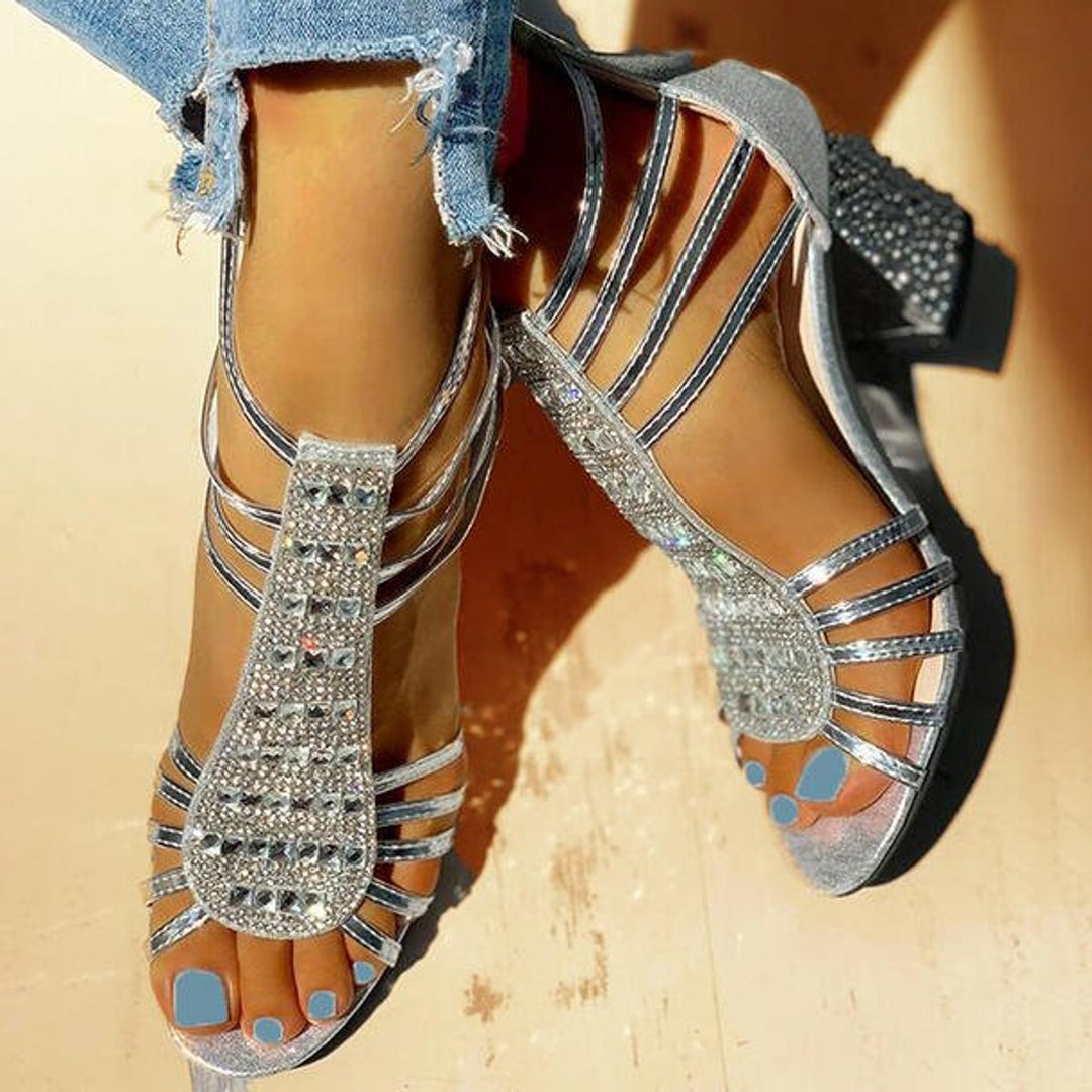 Damen Bequeme Sandalen Blockabsatz Riemchen Strass Offen