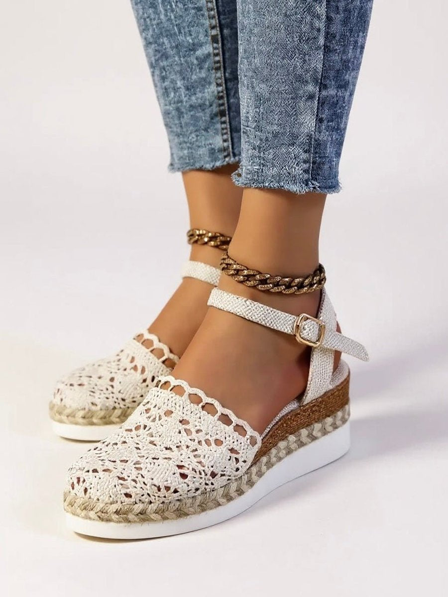 Damen Bequeme Sandalen Boho Häkeloptik Espadrille Knöchelriemen