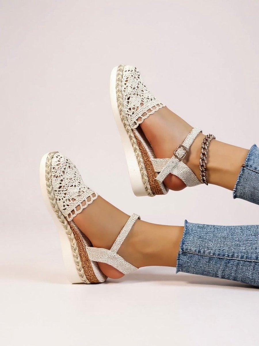 Damen Bequeme Sandalen Boho Häkeloptik Espadrille Knöchelriemen
