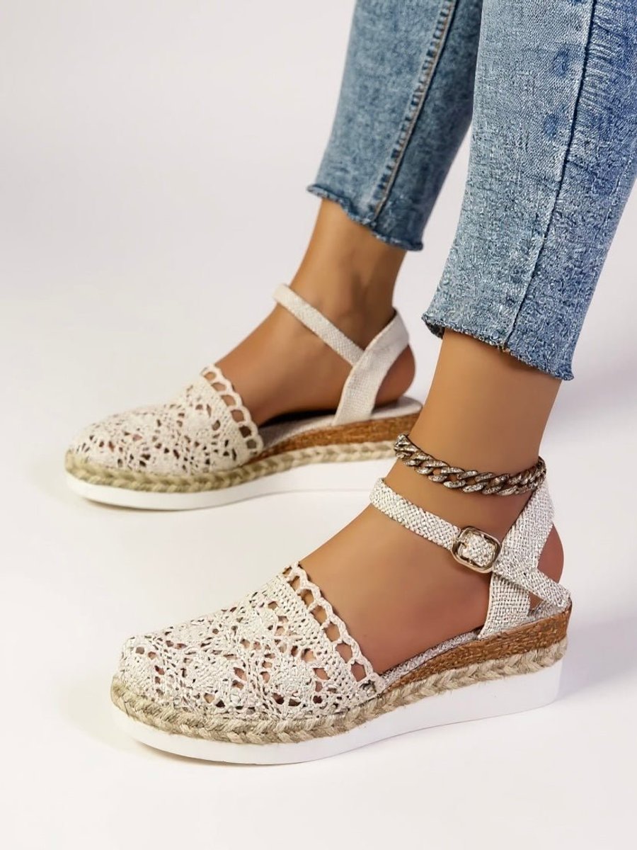 Damen Bequeme Sandalen Boho Häkeloptik Espadrille Knöchelriemen - Beige