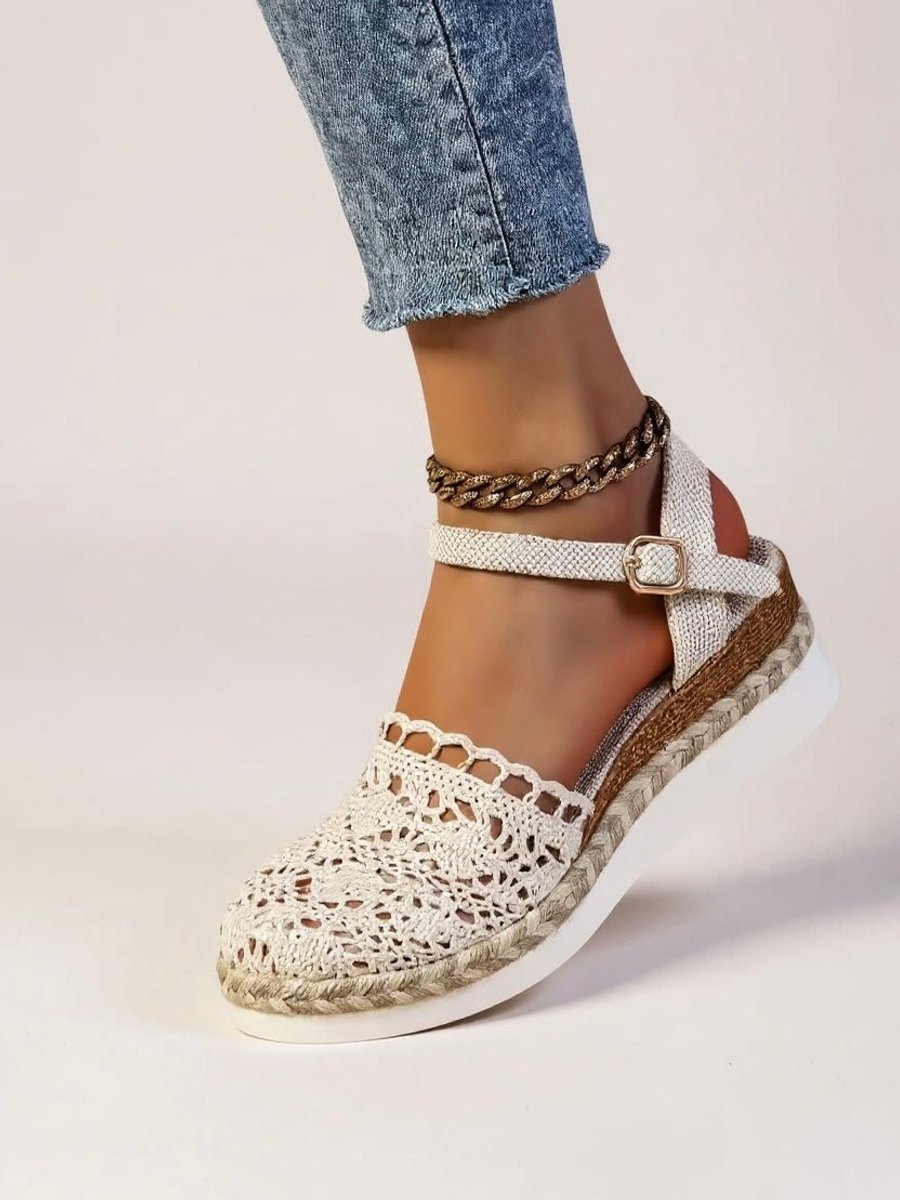 Damen Bequeme Sandalen Boho Häkeloptik Espadrille Knöchelriemen