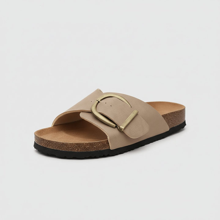Damen Bequeme Sandalen Breites Riemen Schnallen Flache Slides - Klassisches Beige