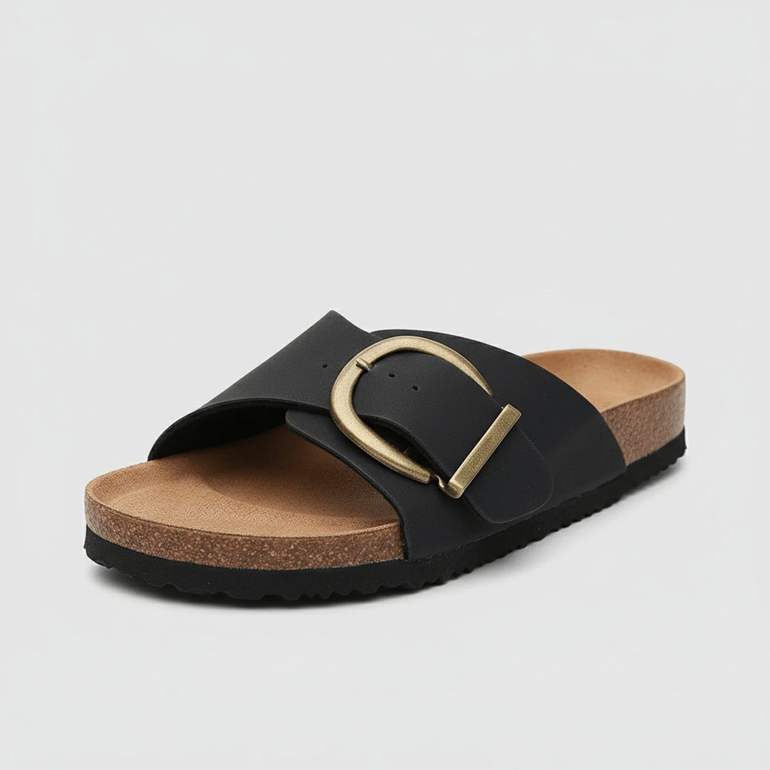 Damen Bequeme Sandalen Breites Riemen Schnallen Flache Slides - Mitternachtsschwarz