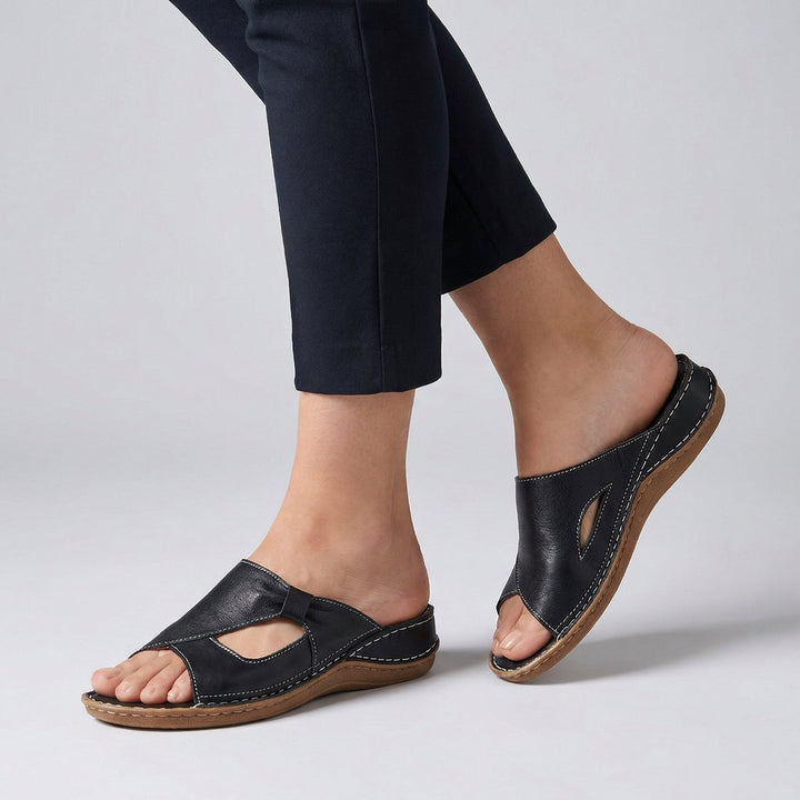 Damen Bequeme Sandalen Flache Leder-Mules Slip-On Cut-Out - Schwarz