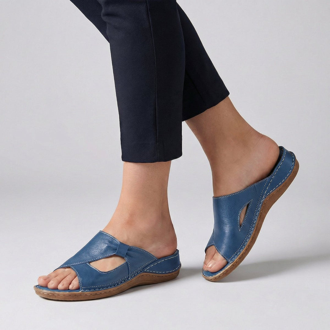 Damen Bequeme Sandalen Flache Leder-Mules Slip-On Cut-Out - Blau