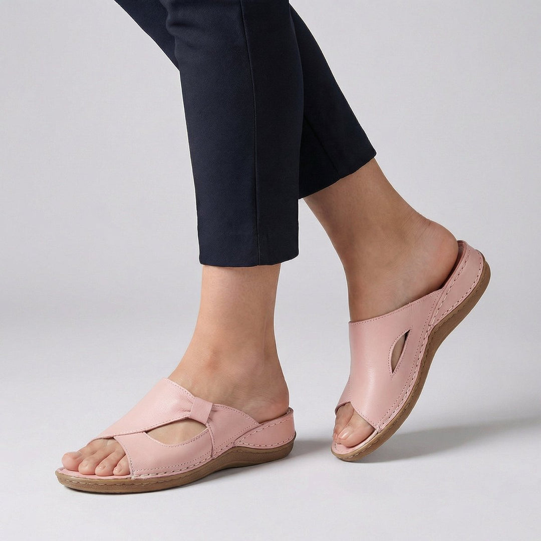 Damen Bequeme Sandalen Flache Leder-Mules Slip-On Cut-Out - Rosa