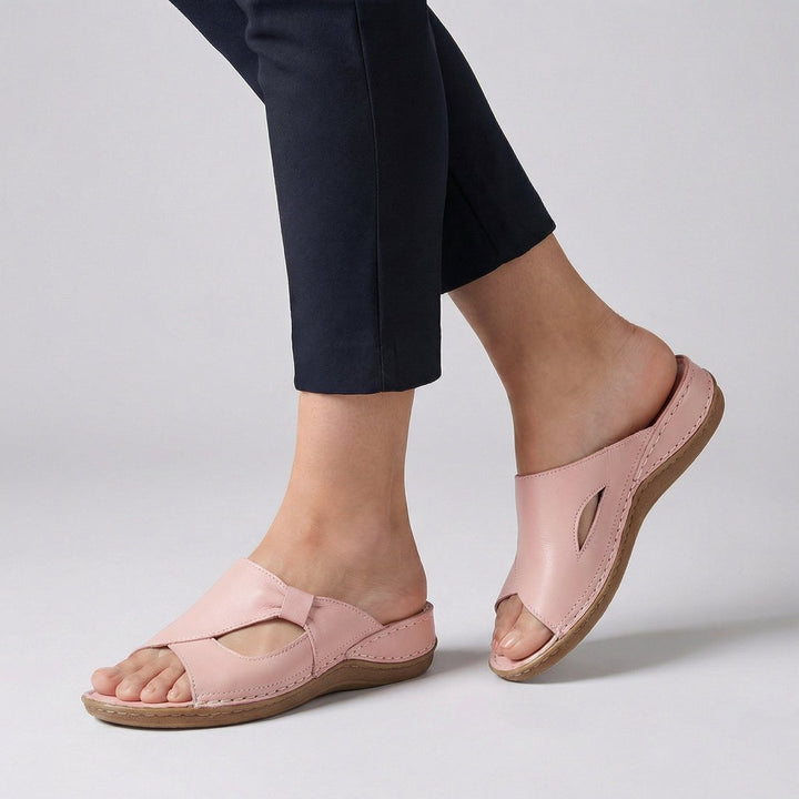 Damen Bequeme Sandalen Flache Leder-Mules Slip-On Cut-Out - Rosa