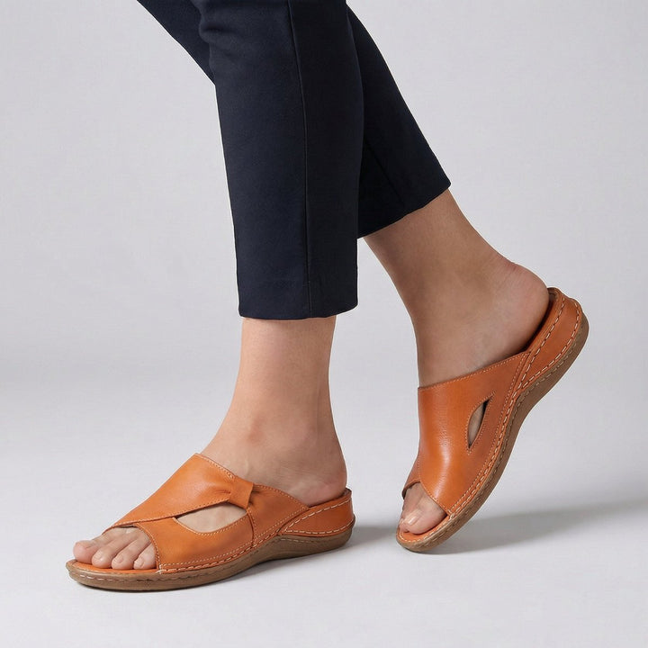 Damen Bequeme Sandalen Flache Leder-Mules Slip-On Cut-Out - Orange