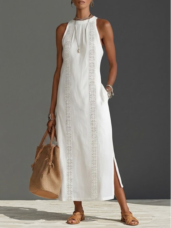 Damen Bestickte Ärmellose Midi-Kleid