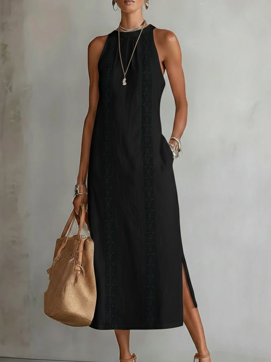 Damen Bestickte Ärmellose Midi-Kleid - Black