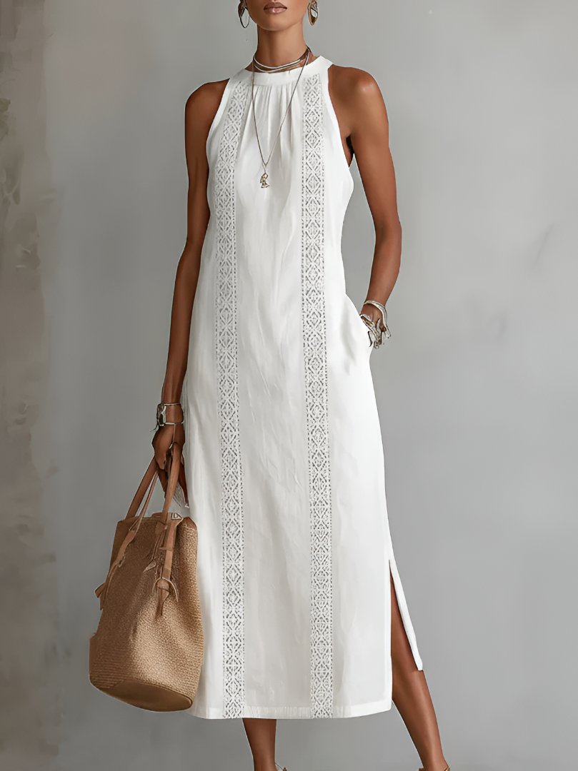 Damen Bestickte Ärmellose Midi-Kleid - White