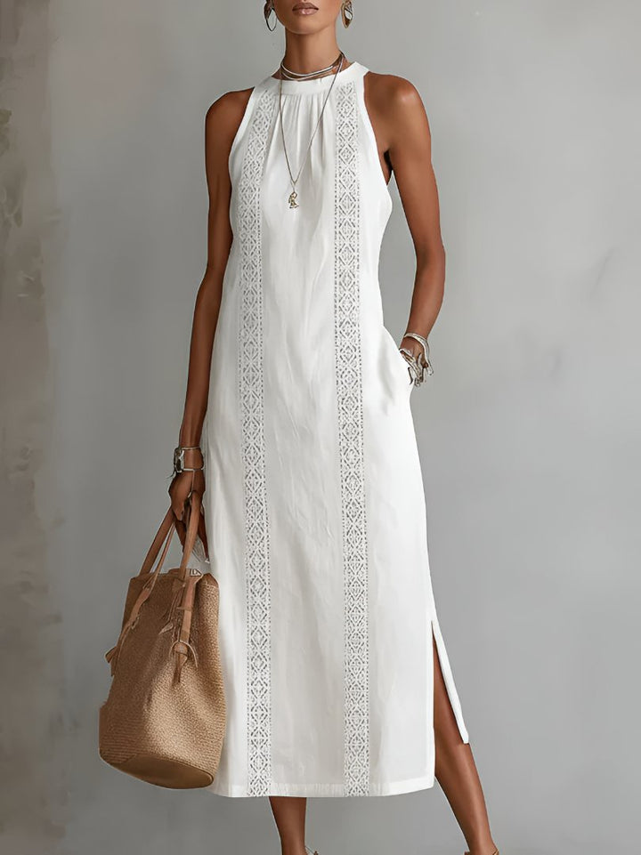 Damen Bestickte Ärmellose Midi-Kleid - White
