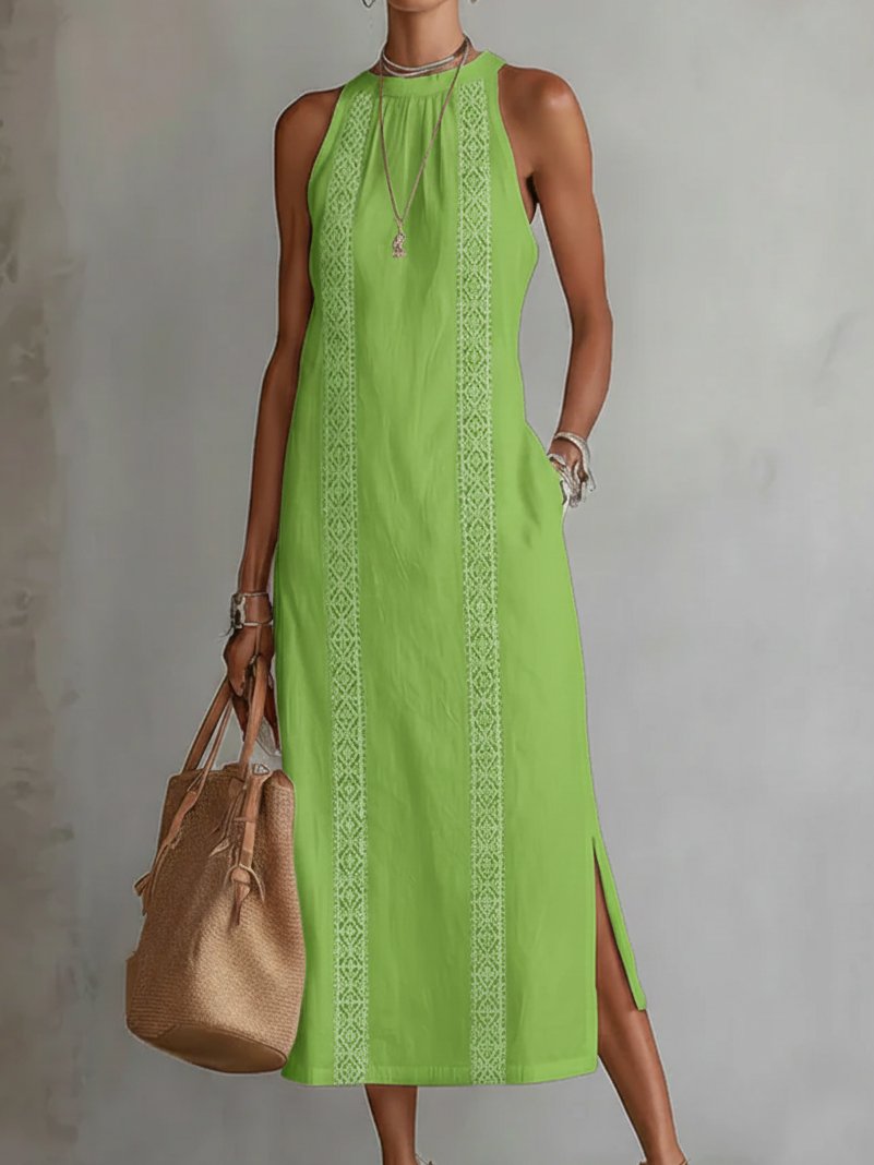 Damen Bestickte Ärmellose Midi-Kleid - Green