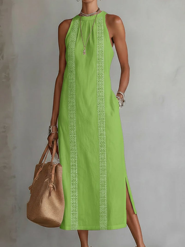 Damen Bestickte Ärmellose Midi-Kleid - Green
