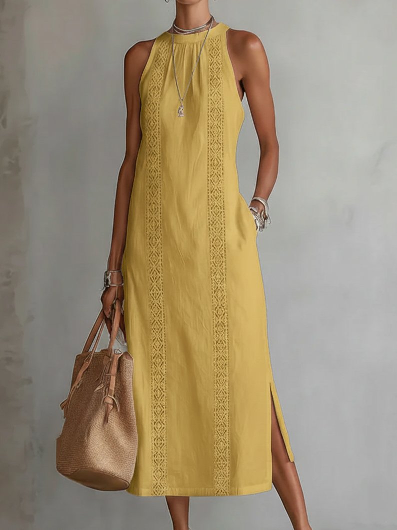 Damen Bestickte Ärmellose Midi-Kleid - Yellow