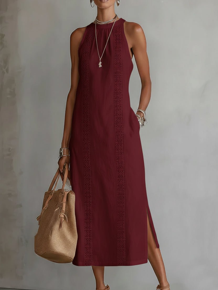 Damen Bestickte Ärmellose Midi-Kleid - Red