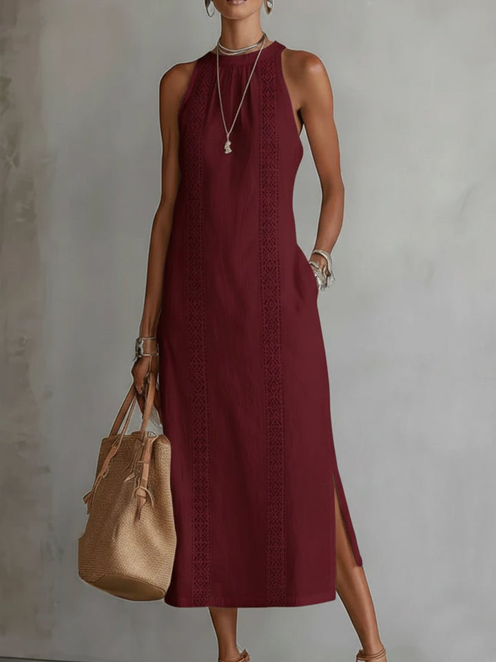 Damen Bestickte Ärmellose Midi-Kleid - Red