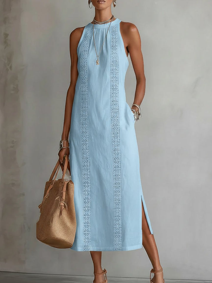 Damen Bestickte Ärmellose Midi-Kleid - Blue
