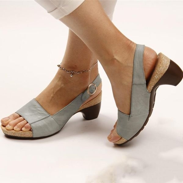 Damen Blockabsatz-Slingback-Sandalen mit offenem Zehenbereich und Schnallenverschluss - Gray