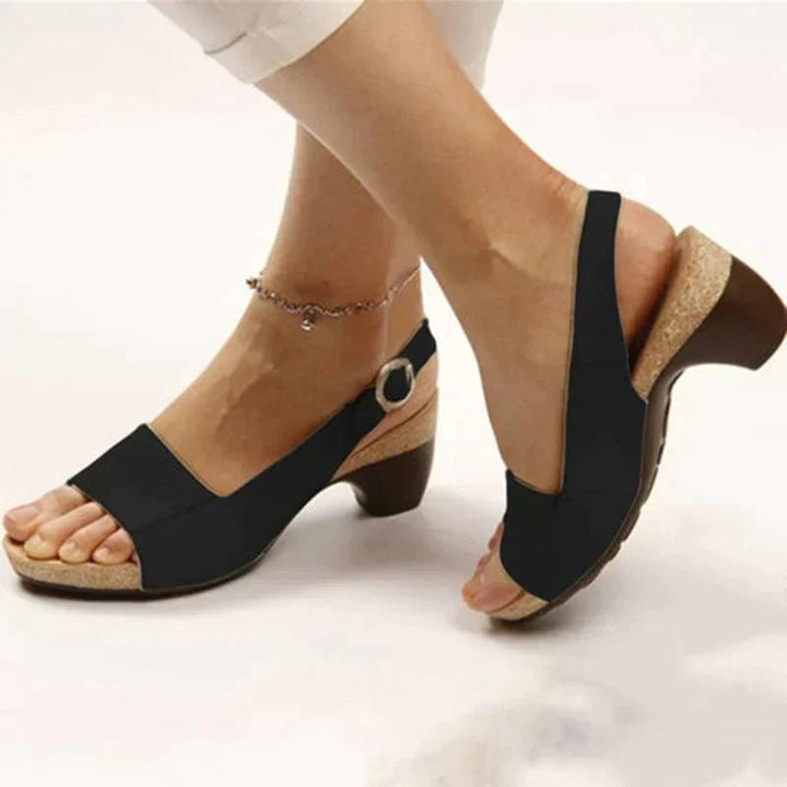 Damen Blockabsatz-Slingback-Sandalen mit offenem Zehenbereich und Schnallenverschluss - Black