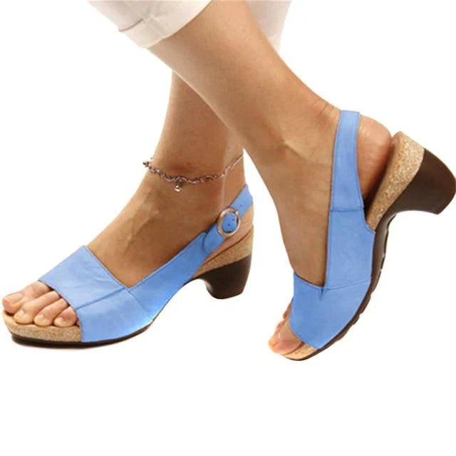 Damen Blockabsatz-Slingback-Sandalen mit offenem Zehenbereich und Schnallenverschluss - Blue