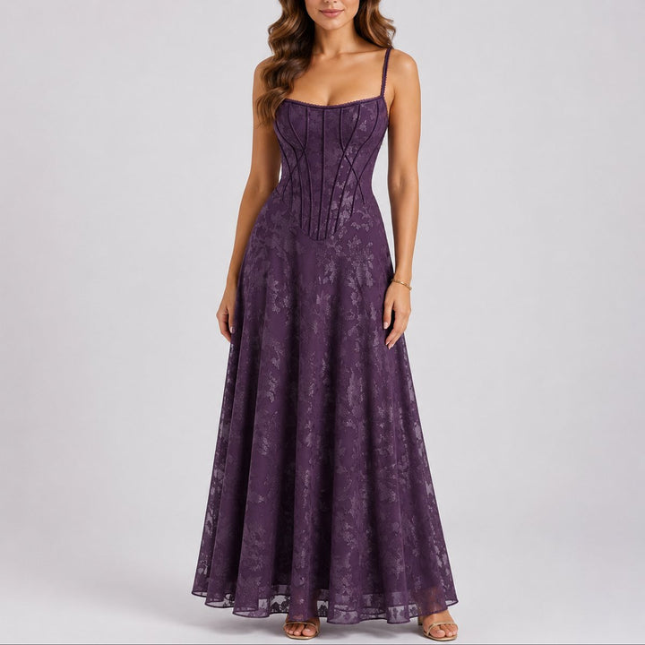 Damen Blumen-Korsett Maxi-Kleid für Hochzeitsgäste im Herbst - Lila