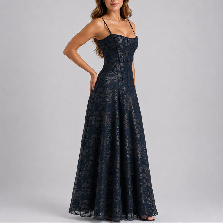 Damen Blumen-Korsett Maxi-Kleid für Hochzeitsgäste im Herbst - Marineblau