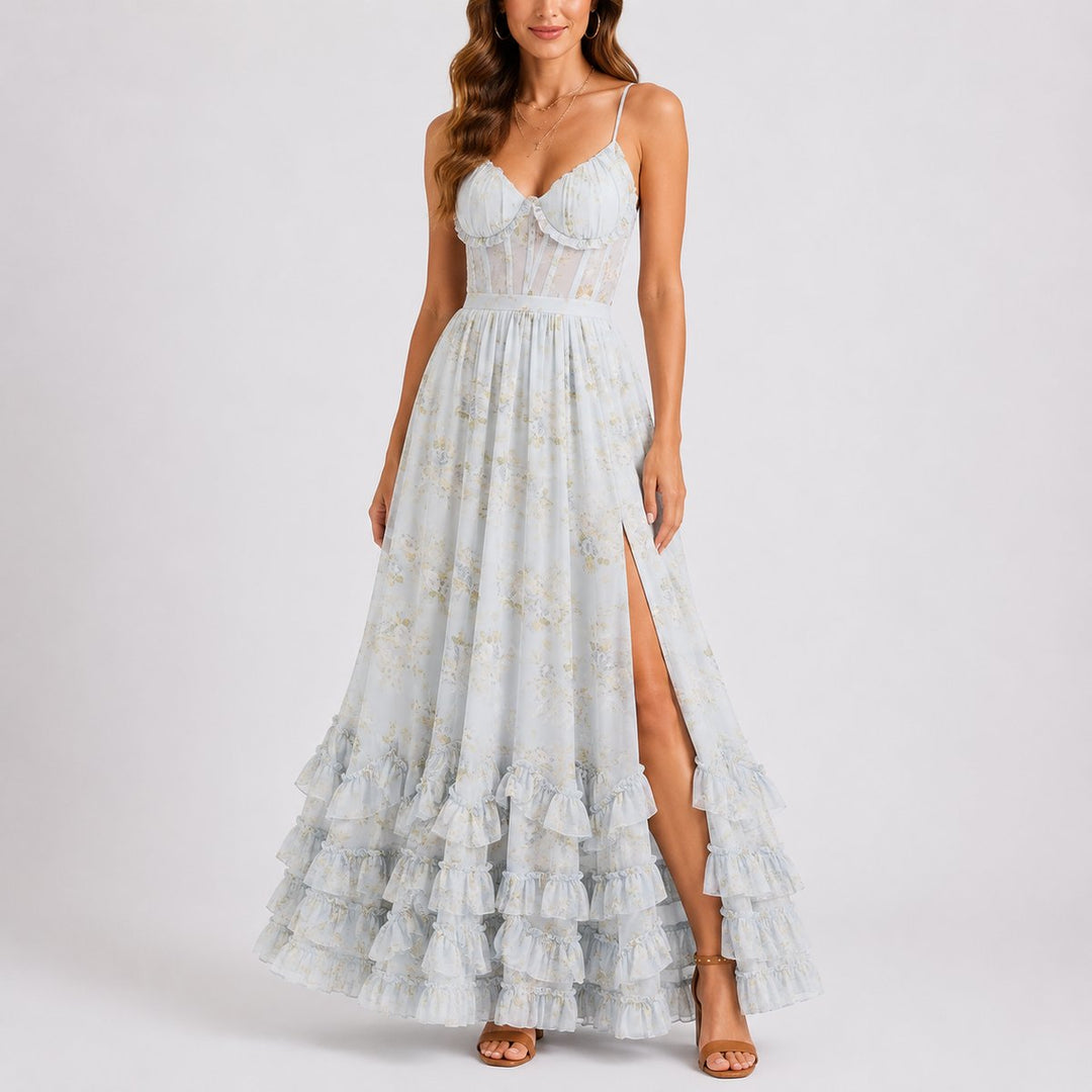 Damen Blumen Korsett Maxi Kleid Hochzeitsgast Abendkleid Rüschen - Blau