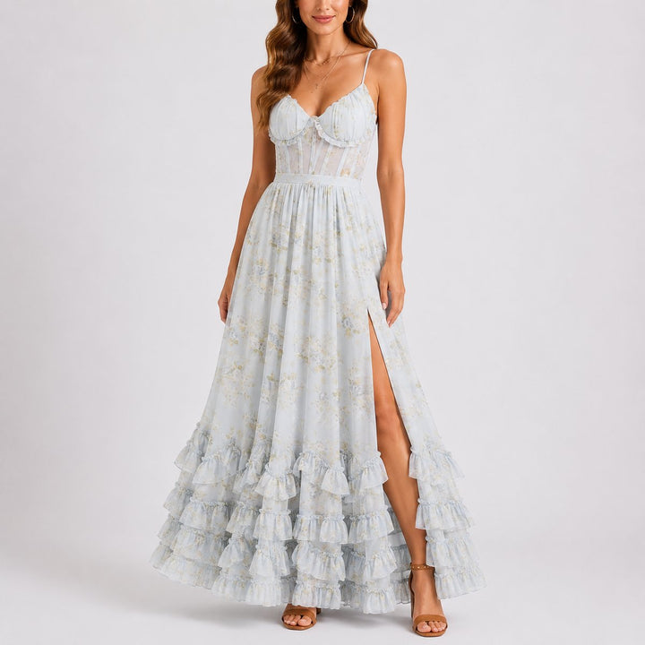 Damen Blumen Korsett Maxi Kleid Hochzeitsgast Abendkleid Rüschen - Blau