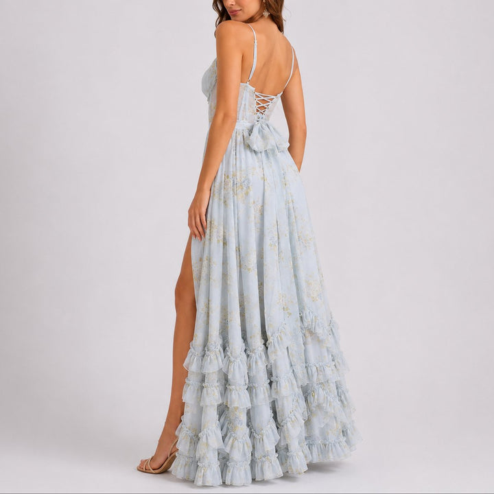 Damen Blumen Korsett Maxi Kleid Hochzeitsgast Abendkleid Rüschen