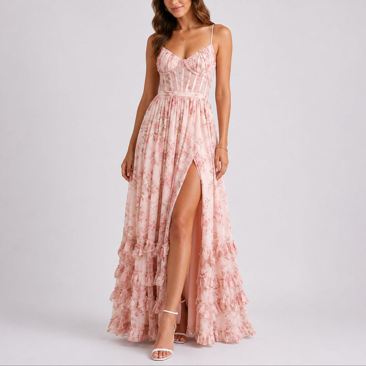 Damen Blumen Korsett Maxi Kleid Hochzeitsgast Abendkleid Rüschen - Rosa