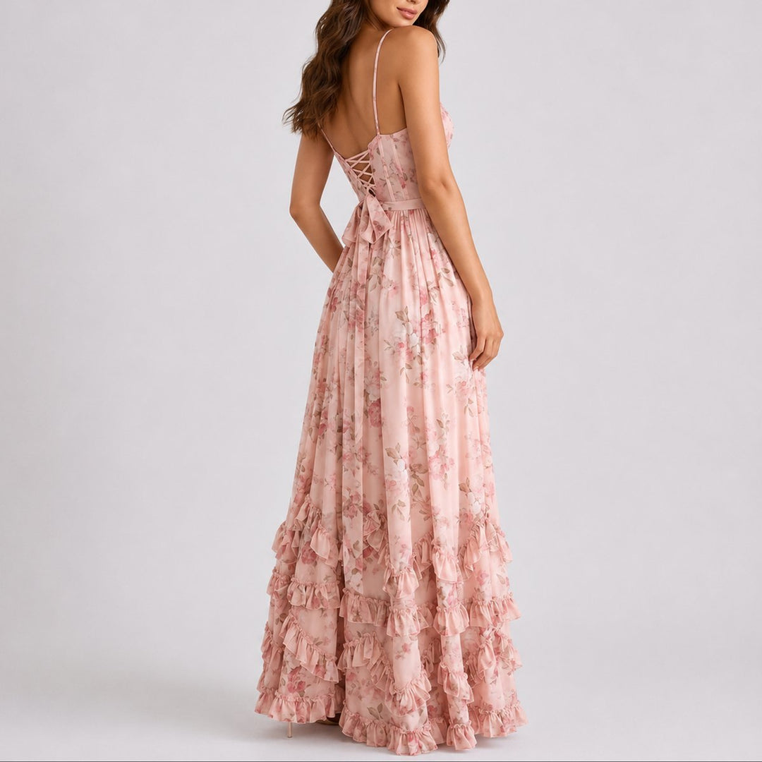 Damen Blumen Korsett Maxi Kleid Hochzeitsgast Abendkleid Rüschen